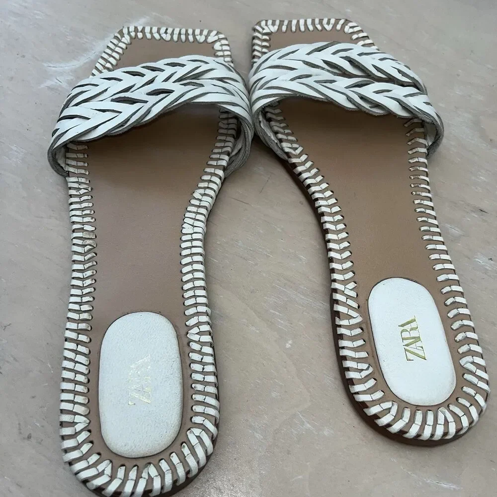 Zara Womens Leather Cow Leather Flat Braided/Woven Square Sandals Size 41 (10) - Picture 4 of 7